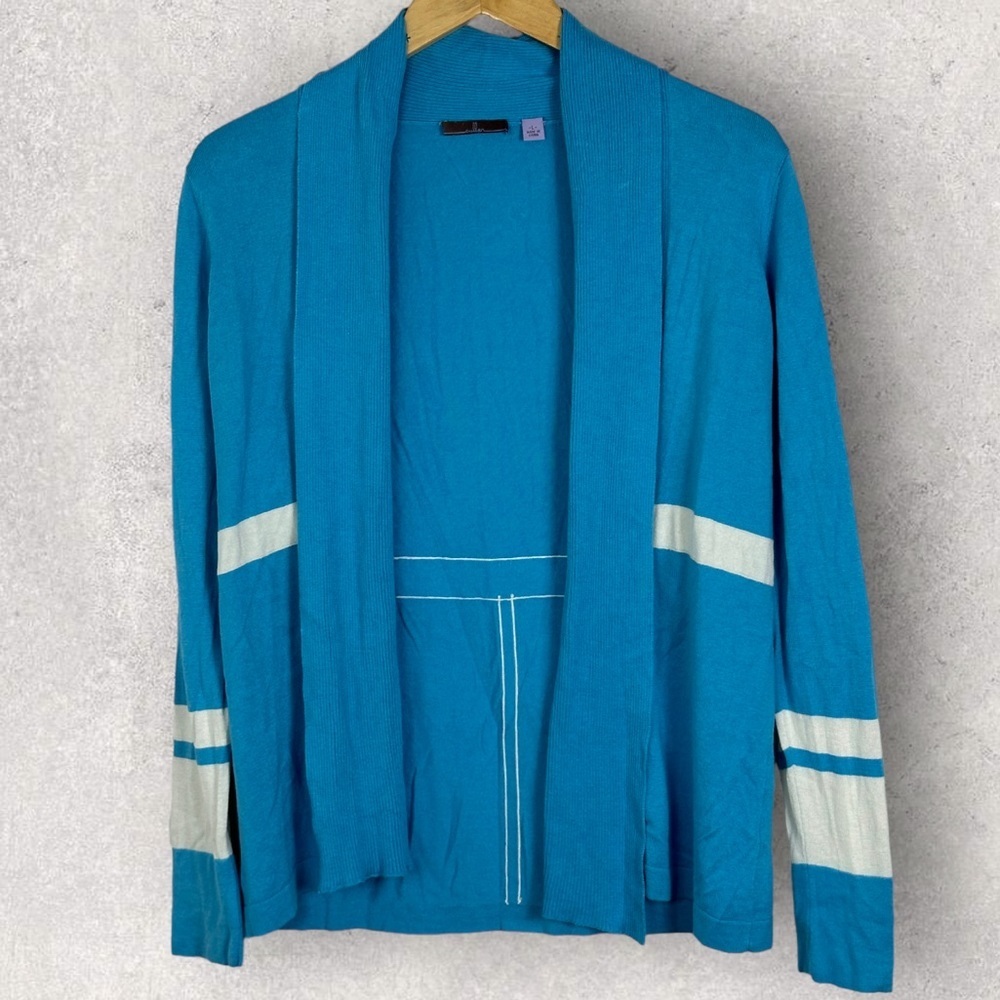 Cullen Silk Blend‎ Varsity Academia Open Front Drape Cardigan Blue Size Large L